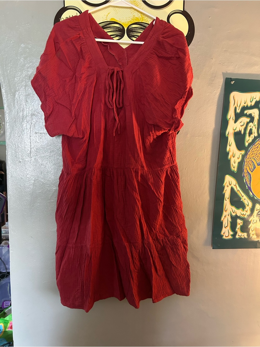 Red Textured Babydoll Dress with Tie Neck